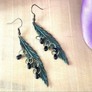2/$29 Handmade Long Feather Leaf Statement Earring Black Green Aged Patina
